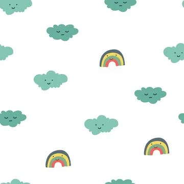 Rainbow clouds pattern in cartoon style on soft background. Baby cute rainbow Stock Illustration
