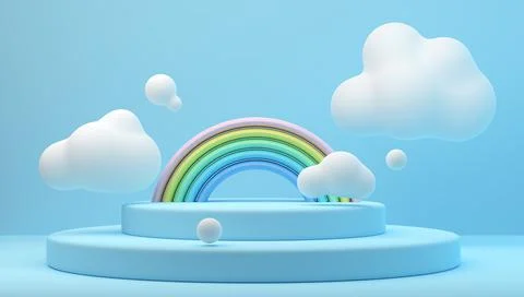 Rainbow with clouds on the podium 3d render Stock Illustration