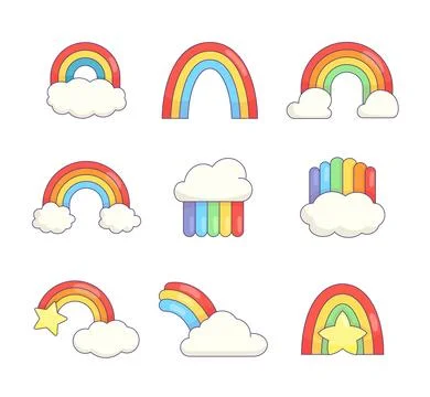 Rainbow with clouds, star. Hand drawn style. Stock Illustration