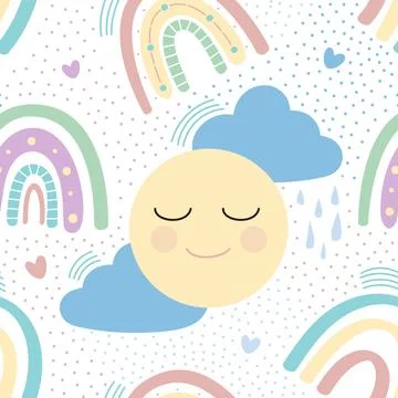 Rainbow with clouds, sun and hearts pattern Stock Illustration