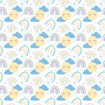 Rainbow with clouds, sun and hearts pattern Illustrazione stock