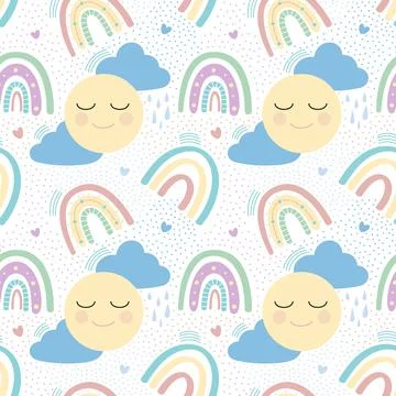 Rainbow with clouds, sun and hearts pattern Illustrazione stock