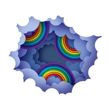 Rainbow. Cloudy paper cut art. Night sky clouds paper craft style. volumetric Stock Illustration