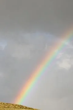 Rainbow in the cloudy sky during the rain. Background with copy space for text Stock Photos