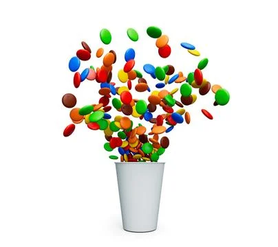 Rainbow Coated Beans spilling out of a cup Container isolated on white mult.. Stock Illustration