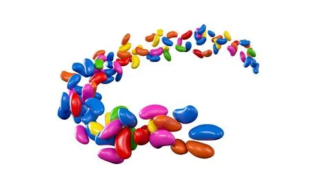 Rainbow coated Jelly Beans flowing coming in the air 3d illustration Stock Illustration