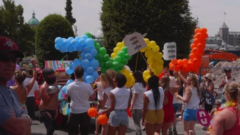 Rainbow Color Balloons Pride Parade People Slow Motion LGBT Homosexual Celebrate Stock Footage 97368951