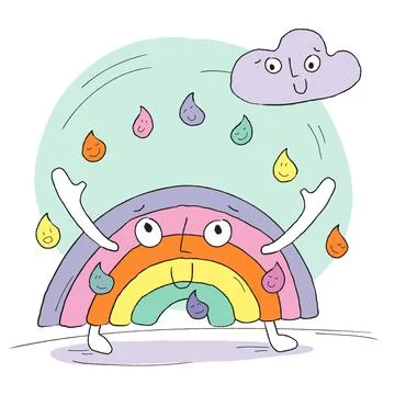 Rainbow, color drops and cloud doodle friends Stock Illustration
