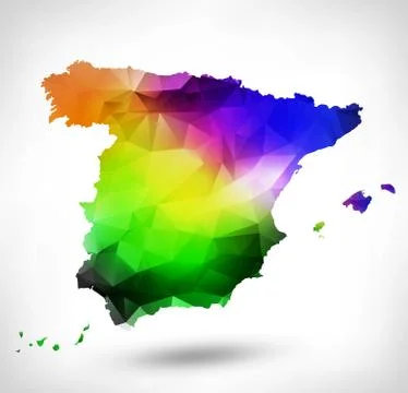 Rainbow color map of Spain with geometric triangle design. Raster version 库存插图
