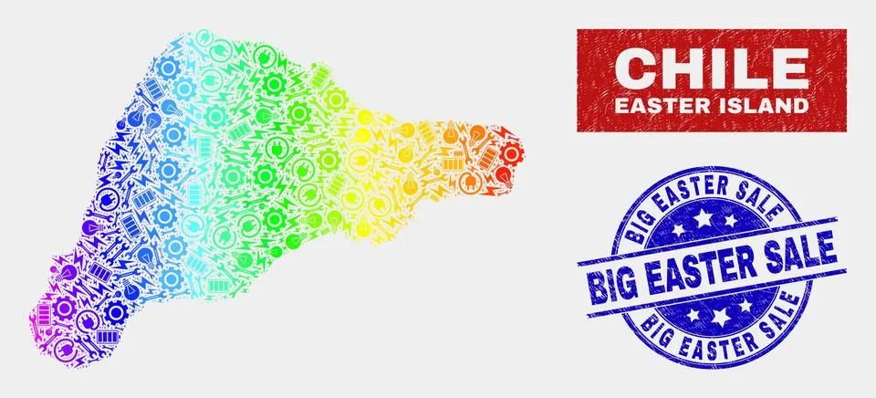 Rainbow Colored Assembly Easter Island Map and Scratched Big Easter Sale Seals Illustrazione stock