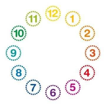 Rainbow colored clock face with hours one to twelve Stock Illustration
