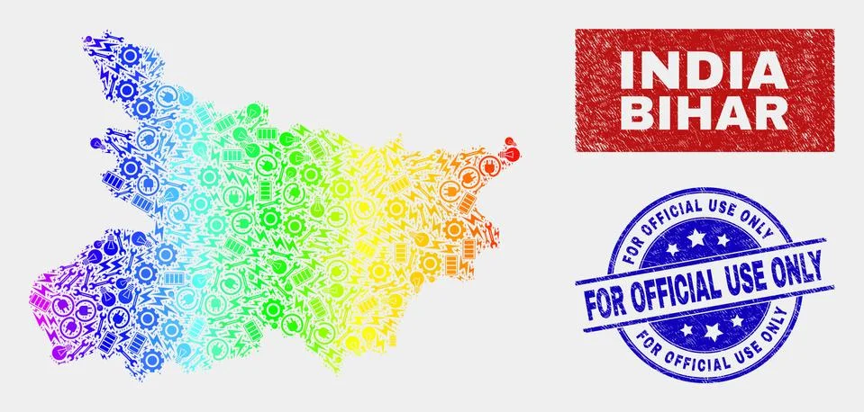 Rainbow Colored Component Bihar State Map and Grunge For Official Use Only Stamp Illustration