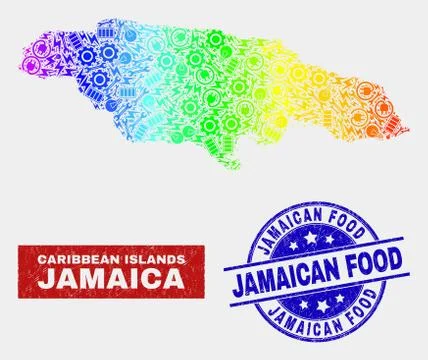 Rainbow Colored Construction Jamaica Map and Grunge Jamaican Food Seals Stock Illustration