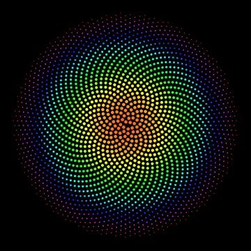 Rainbow colored dots in circular phyllotaxis shape. Abstract geometric pattern Stock Illustration