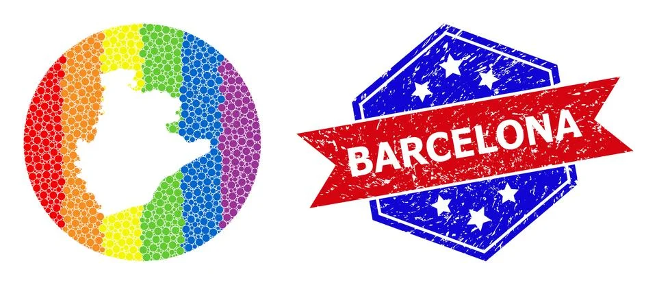 Rainbow Colored Dotted Map of Barcelona Province Mosaic with Hole for LGBT and Stock Illustration