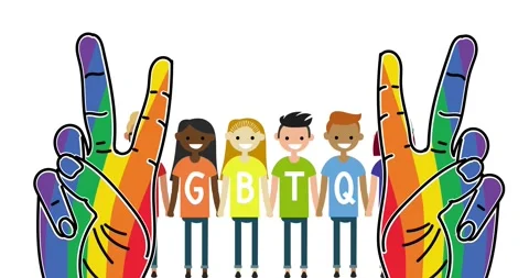 Rainbow colored hand peace signs over diverse humans with lgbtq text on their Stock Footage 329020361