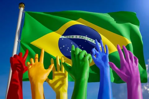 Rainbow colored hands from lgbt community over flag of Brazil. Brazilian gay Ilustração Stock