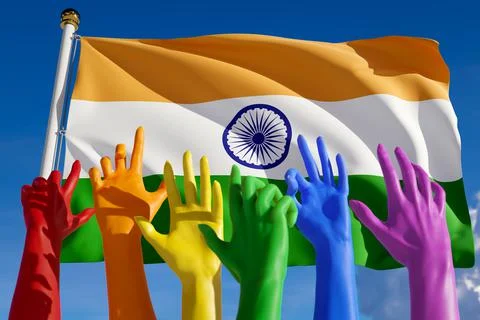 Rainbow colored hands from lgbt community over flag of India. Indian gay para Stock-Illustration