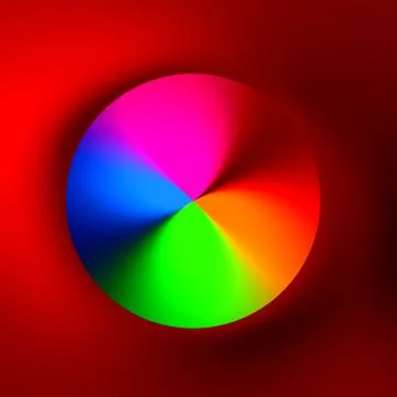 Rainbow colored hole on red 3d background. Creative orb idea. Modern art. Stock Illustration
