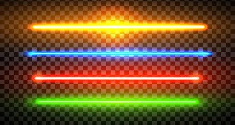 Rainbow colored lazer straight lines pack isolated. Neon glowing laser beam Stock Illustration