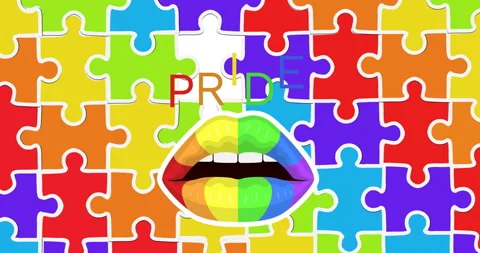 Rainbow-colored lips with puzzle pieces and PRIDE text animation Stock Footage 304843805