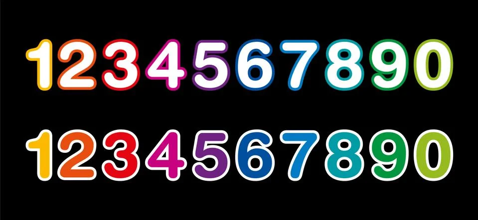 Rainbow colored numbers from one to zero, on a black background Illustrazione stock