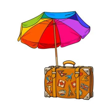 Rainbow colored, open beach umbrella and travel suitcase with luggage stickers Illustration