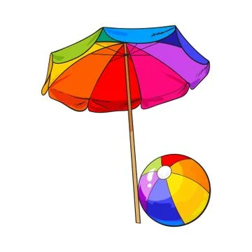 Rainbow colored, open beach umbrella and inflated ball Illustrazione stock