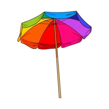 Rainbow colored, open beach umbrella, sketch style vector illustration Stock Illustration