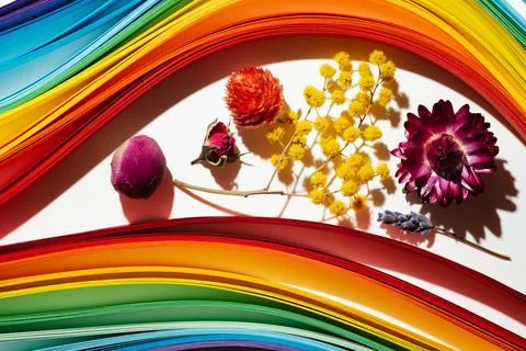 Rainbow colored paper stripes background with dry multicolor flowers Stock Photos