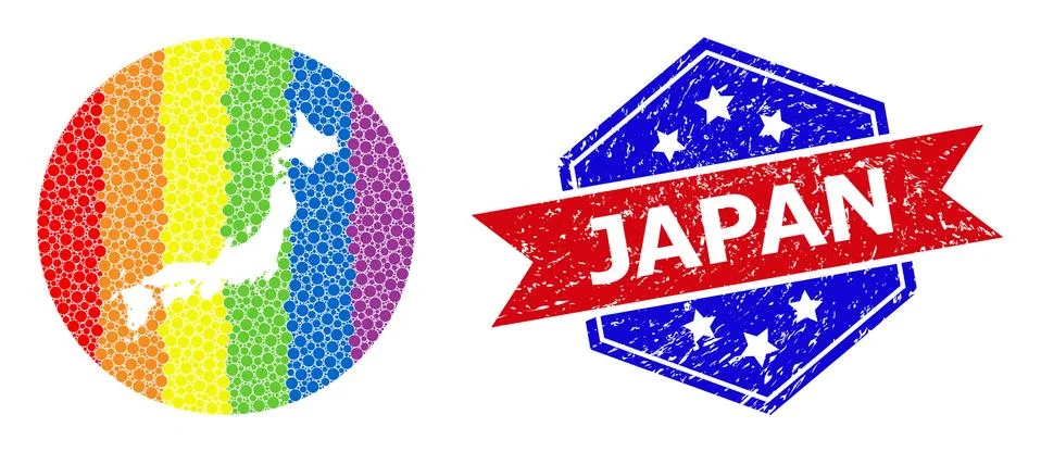 Rainbow Colored Pixel Map of Japan Collage with Subtracted Space for LGBTQ and Stock Illustration