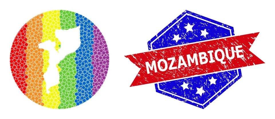 Rainbow Colored Pixel Map of Mozambique Mosaic with Stencil for LGBTQ and Stock Illustration