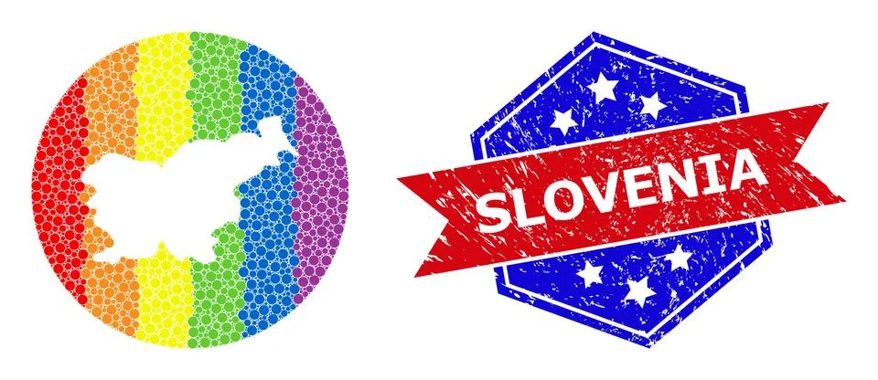 Rainbow Colored Pixel Map of Slovenia Collage with Subtracted Space for LGBTQ Stock Illustration
