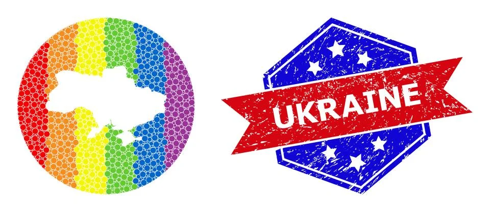 Rainbow Colored Pixel Map of Ukraine Mosaic with Empty Space for LGBT and Grunge Stock Illustration