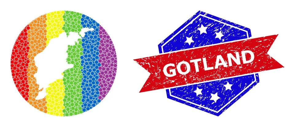 Rainbow Colored Pixelated Map of Gotland Island Mosaic with Hole for LGBTQ and Ilustración de archivo