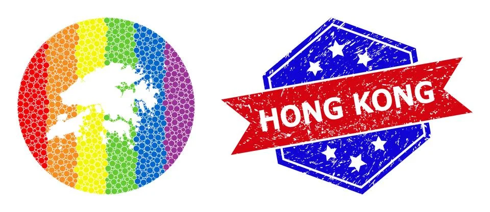 Rainbow Colored Pixelated Map of Hong Kong Collage with Hole for LGBTQ and Ilustración de archivo