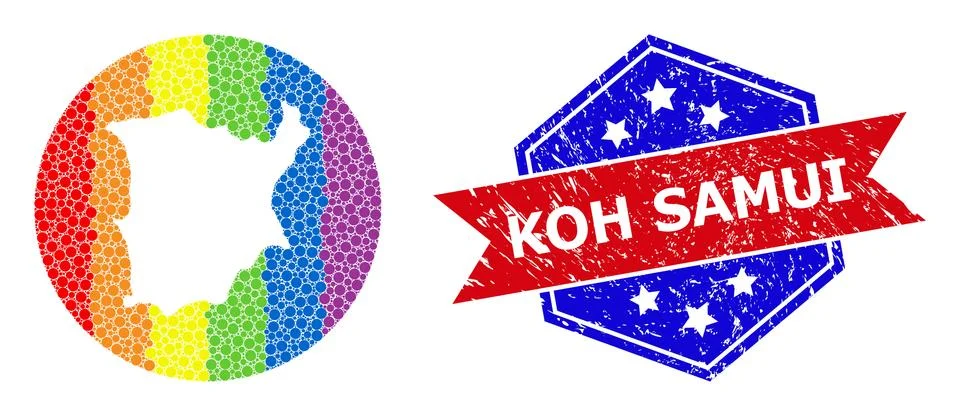 Rainbow Colored Pixelated Map of Koh Samui Collage with Subtracted Space for Ilustración de archivo