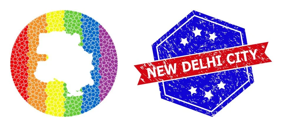 Rainbow Colored Pixelated Map of New Delhi City Mosaic with Subtracted Space for 스톡 일러스트