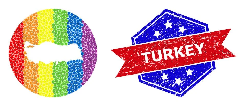 Rainbow Colored Pixelated Map of Turkey Collage with Hole for LGBTQ and Grunge Ilustración de archivo