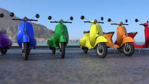 Rainbow colored scooters - close-up Video stock 256324345