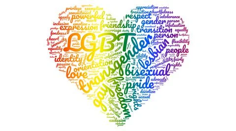 Rainbow-colored tag cloud in the shape of heart. Isolated on white background Stock Photos