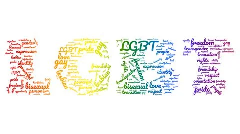 Rainbow-colored tag cloud in shape of LGBT word. Isolated on white background Stock Photos