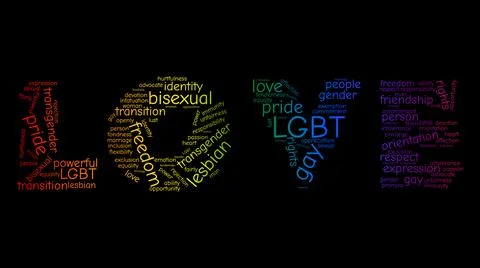 Rainbow-colored tag cloud in shape of a LOVE word. Isolated on black background Stock Photos