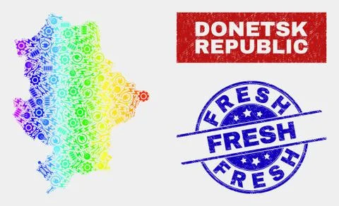 Rainbow Colored Tools Donetsk Republic Map and Scratched Fresh Seals Illustrazione stock