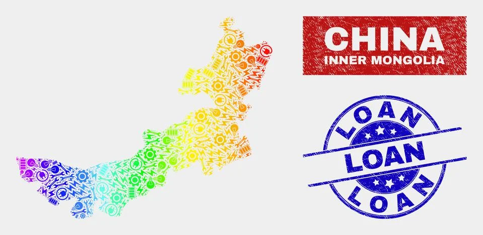 Rainbow Colored Tools Inner Mongolia Map and Scratched Loan Watermarks Stockillustratie
