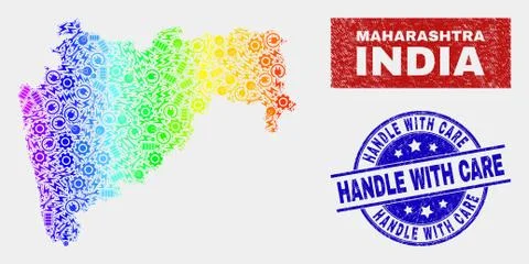 Rainbow Colored Tools Maharashtra State Map and Distress Handle with Care Stamp Stock Illustration