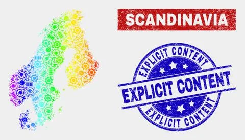 Rainbow Colored Tools Scandinavia Map and Scratched Explicit Content Stamp Seals Illustrazione stock