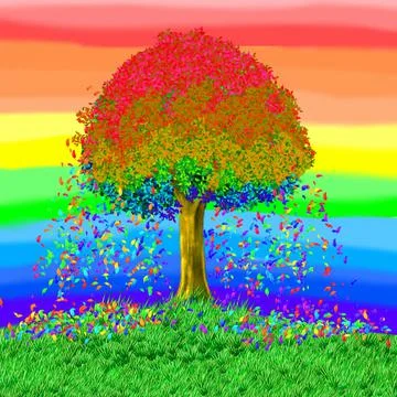 Rainbow colored tree the background of the sky rainbow Ilustração Stock