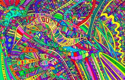 Rainbow colors abstract pattern, maze of ornaments. Psychedelic Stock Illustration