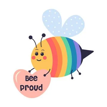 Rainbow cute bee with heart. Bee proud text. Cute cartoon symbol of LGBT Pr.. Stock Illustration